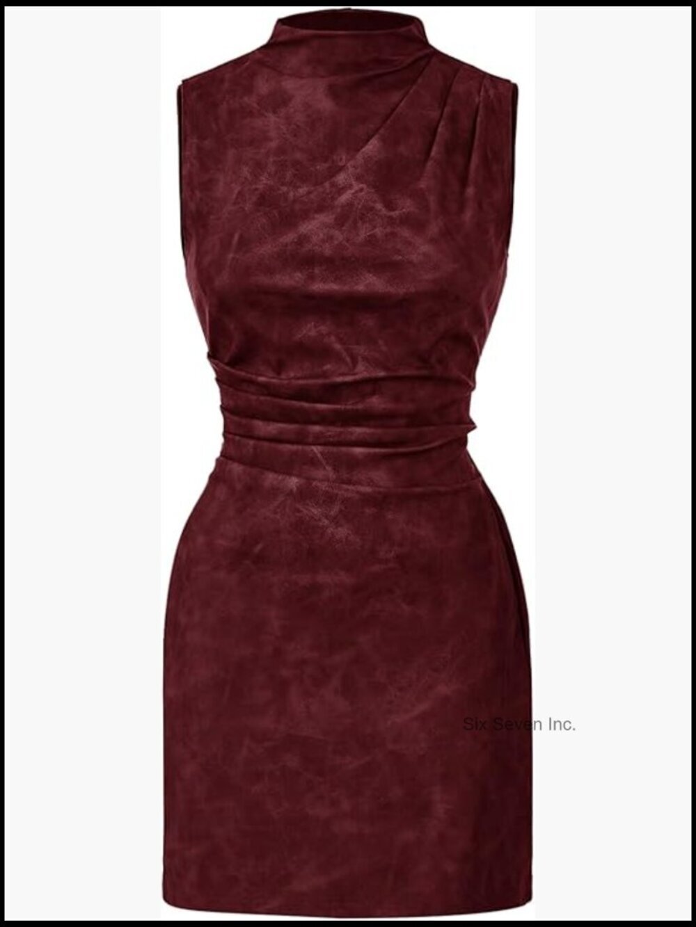 PU Leather Ruched Bodycon Dress Mock Neck Sleeveless Zipper Mini Tank Dress